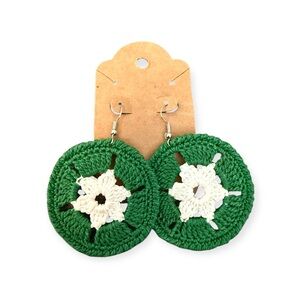 Hand Crafted Green and White Crochet Earrings